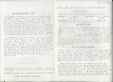 Newsletter, City of Moorabbin Historical Society   No. 3 Vol. 2   June 1962, City of Moorabbin Historical Society Newsletter    No. 3 Vol. 2  June 1962, 1962