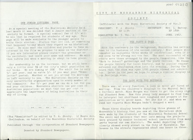 Newsletter - City of Moorabbin Historical Society   No. 3 Vol. 2   June 1962, City of Moorabbin Historical Society Newsletter    No. 3 Vol. 2  June 1962, 1962