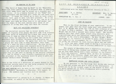 Newsletter, City of Moorabbin Historical Society     No. 5    Vol.  2      August  1962, City of Moorabbin Historical Society  Newsletter   No. 5     Vol. 2       August  1962, 1962
