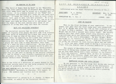 Newsletter - City of Moorabbin Historical Society     No. 5    Vol.  2      August  1962, City of Moorabbin Historical Society  Newsletter   No. 5     Vol. 2       August  1962, 1962