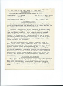 Newsletter, City of Moorabbin Historical Society     No. 6    Vol. 2          September  1962, City of Moorabbin Historical Society  Newsletter   No. 6    Vol.  2       September     1962, 1962