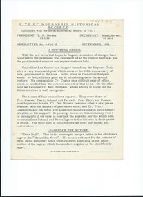 Newsletter - City of Moorabbin Historical Society     No. 6    Vol. 2          September  1962, City of Moorabbin Historical Society  Newsletter   No. 6    Vol.  2       September     1962, 1962