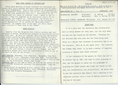 Newsletter, City of Moorabbin Historical Society     No. 1     Vol. 3   February   1963, City of Moorabbin Historical Society Newsletter    No. 1    Vol. 3 February   1963, 1963