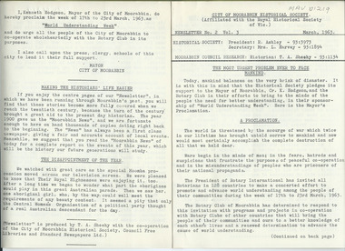 Newsletter, City of Moorabbin Historical Society     No.  2   Vol. 3  March   1963, City of Moorabbin Historical Society Newsletter    No. 2     Vol. 3    March    1963, 1963