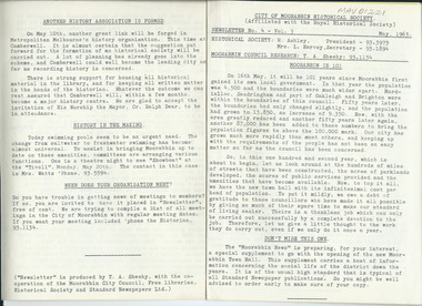 Newsletter, City of Moorabbin Historical Society     No. 4    Vol. 3   May  1963, City of Moorabbin Historical Society Newsletter    No.  4   Vol. 3  May  1963, 1963