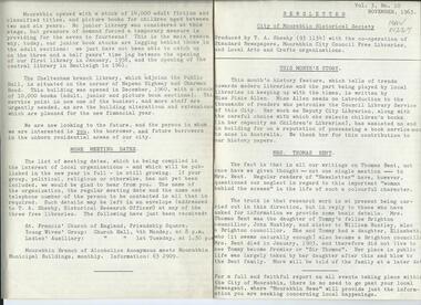 Newsletter City of Moorabbin Historical Society    No  10 Vol. 3  November 1963, City of Moorabbin Historical Society Newsletter No.10  Vol 3   November 1963, 1963