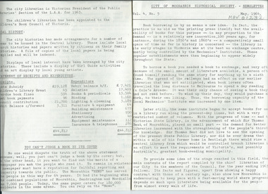 Newsletter, City of Moorabbin Historical Society     No. 5   Vol. 4  May 1964, City of Moorabbin Historical Society Newsletter     No. 5  Vol. 4  May 1964, 1964