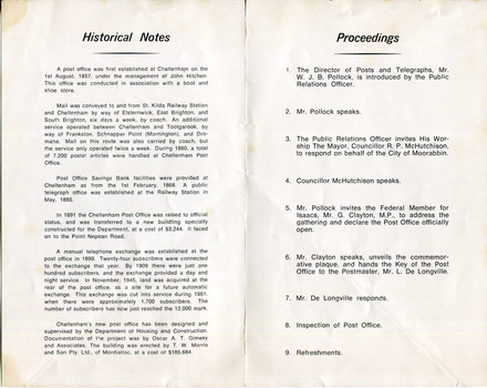 Program Official Opening Cheltenham Post Office 1974 (inside)