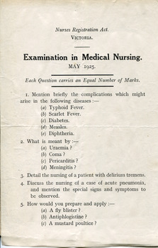 Examination in Medical Nursing May 1925