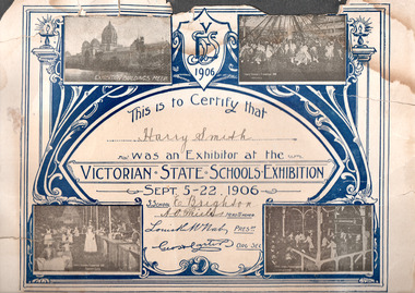 Certificate for exhibit in the Victorian State Schools Exhibition