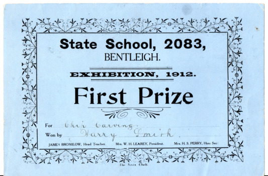 First prize Certificate from State School Bentleigh, 2083 - 1912.