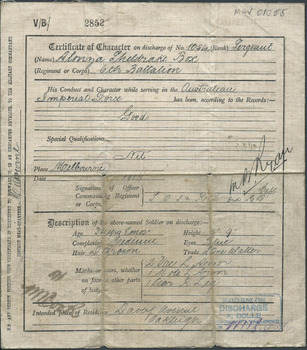 Certificate of Discharge 1st AIF Alonzo Sheldrake Box 22/5/1917 Page 1
