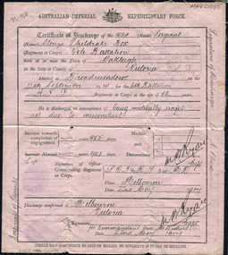Certificate of Discharge 1st AIF Alonzo Sheldrake Box 22/5/1917 Page 2