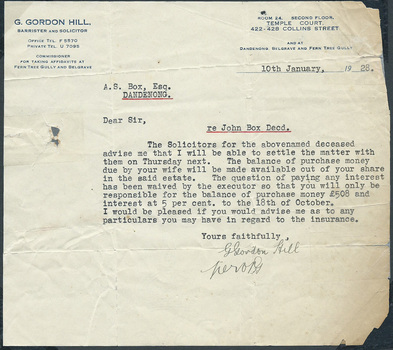 Letter re John Box settlement of his estate 1928