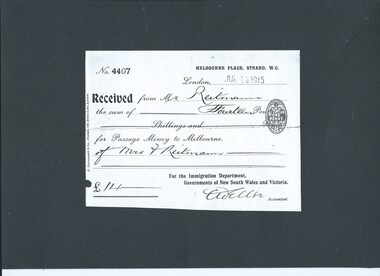 Document, x 2 ,Photograph colour x1, Reciept NSW Govt. Immigration Dept., Ticket Orient Line 'Osterley' 1915 Mr Rietmann, Osterley steam ship, 1915