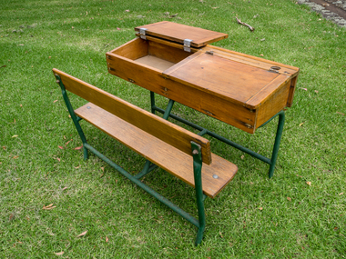 Education, 2 wooden 2 seat school desks c1950, c1950