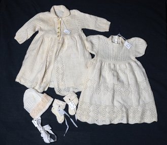Clothing, Baby Layette 5 piece wool hand knitted 1962, 1962