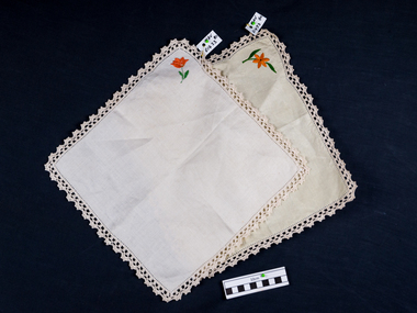 Haberdashery, Serviettes Linen with Crochet and  needlework x2   c1910, c1910