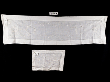 Haberdashery, 2x white linen table runners wirh needlework c1900, c1900