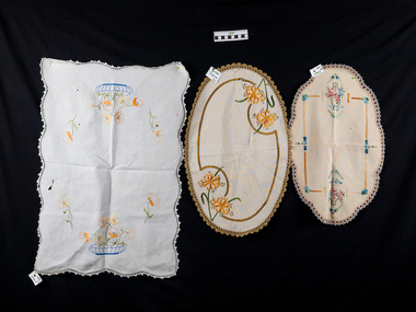 Haberdashery, Tray Covers x 5 linen with  needlework and crochet c1900, c1900