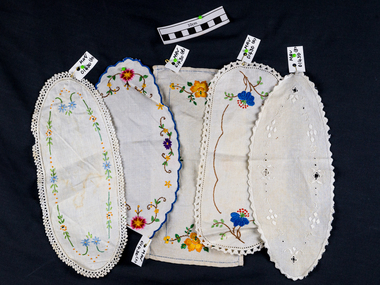 Haberdashery, Doilies x 5 small linen with needlework and crochet c1900, c1900
