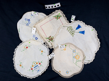 Haberdashery, Doilies round white linen with crochet edge c1900, c1900