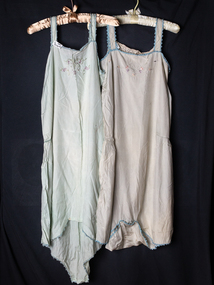 Clothing, Lady's silk short nighties with button crutch x2, c1930