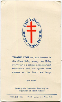 Thank you card from the Tuberculosis Branch of Department of Health, Victoria received after having injection.