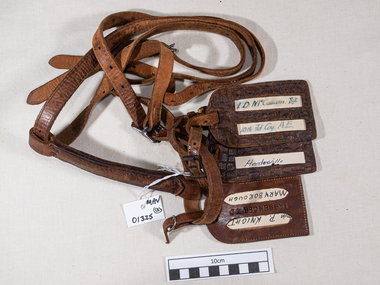 Leather, luggage straps and labels c1916, 20thC