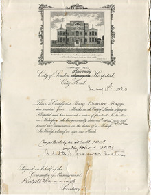 Certificate City of London Hospital 1920