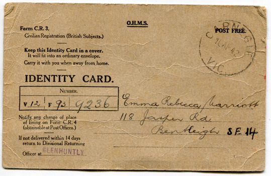Front of Identity Card WWII