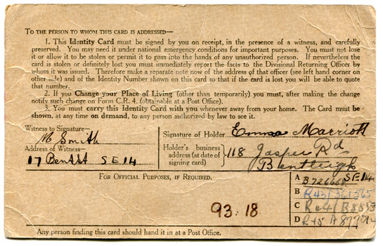 Back of Identity Card WWII