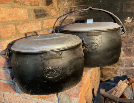 5 gallon oval boiling pot (back) and 3 gallon oval cooking pot.
