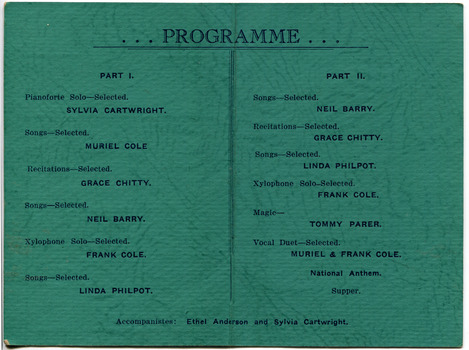 Reception given by Mayor and Mayoress of Moorabbin (Cr. R. W. Marriott & Miss E. Ward) 28th November 1946 - Program Card - inside