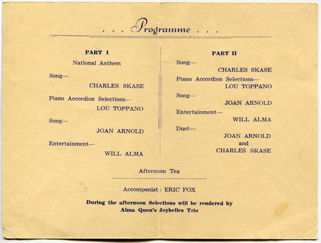 Reception give by Mayoress of Moorabbin (Mrs L. R. Coates) 26 November, 1953 - Program Card - inside