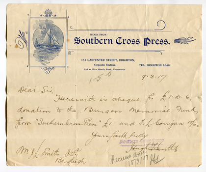 Covering letter from Southern Cross Press for donations for the Burgess Memorial Fund