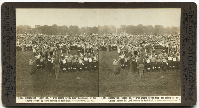 19	11,907	Coronation Festivities, “Three cheers for the King” Boy Scouts at the Empire Review by Lord Roberts in Hyde Park.