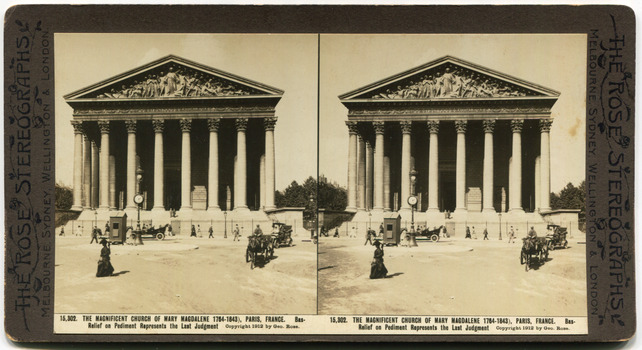 15,302	The magnificent Church of Mary Magdalene 1764-1843, Paris France. Bas-relief on pediment represents the last Judgement.