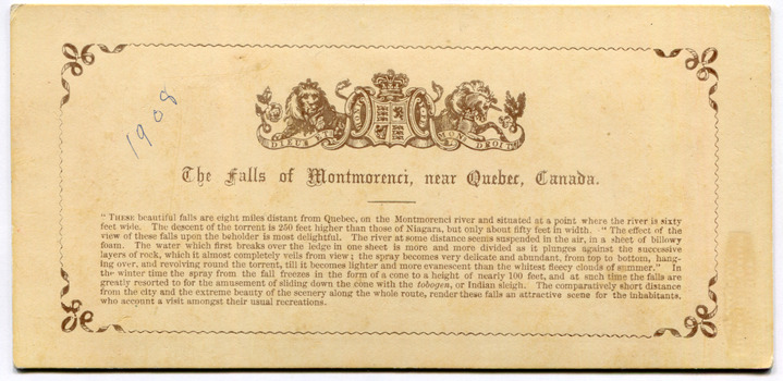 The Falls of Montmorenci, near Quebec, Canada. reverse side