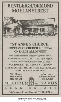Advertisement for sale of St Annes Church of England East Ormond 