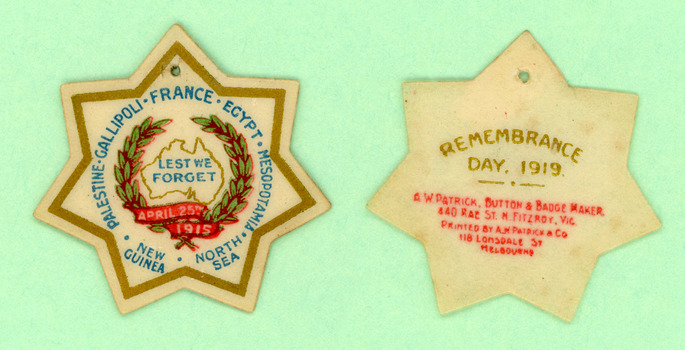 Celluloid Badge - Remembrance Day 1919