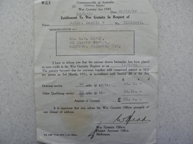 W G 3 Entitlement to War Gratuity, Mid 20th Century