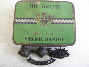 Tobacco Tin, Badges, Stamps, Mid 20th Century
