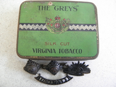 Tobacco Tin, Badges, Stamps, Mid 20th Century