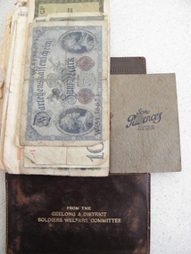 Leather Wallet, Bank Notes, Booklet on Patience, a Post Card, Mid 20th century