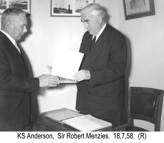 Photograph - Photograph - Prime Minister Sir Robert Menzies with K.S. Anderson, 18th July 1958, 1958