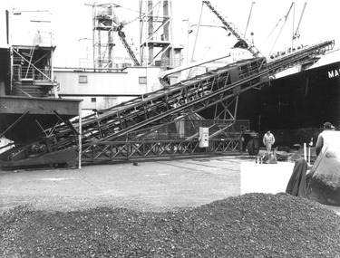 Photograph - Photograph - Lucerne pellets for the Japanese market loaded onto ship with conveyor belt loaded onto ship with conveyor belt, 1972