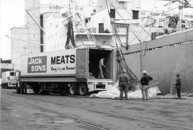 Photograph - Photograph - frozen food loaded from truck onto ship, n.d