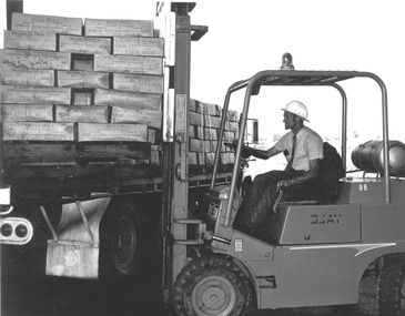 Photograph - Photograph - frozen meat loaded onto ship with forklift, Portland, n.d
