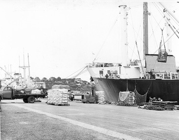 Photograph - Photograph - frozen meat loaded onto ship with forklift, cranes, netting and trucks, n.d